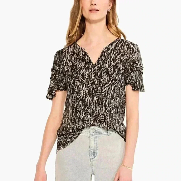 NZT SKETCHED LEAVES FLUTTER SLEEVE SPLIT NECK TEE L - Picture 1 of 7